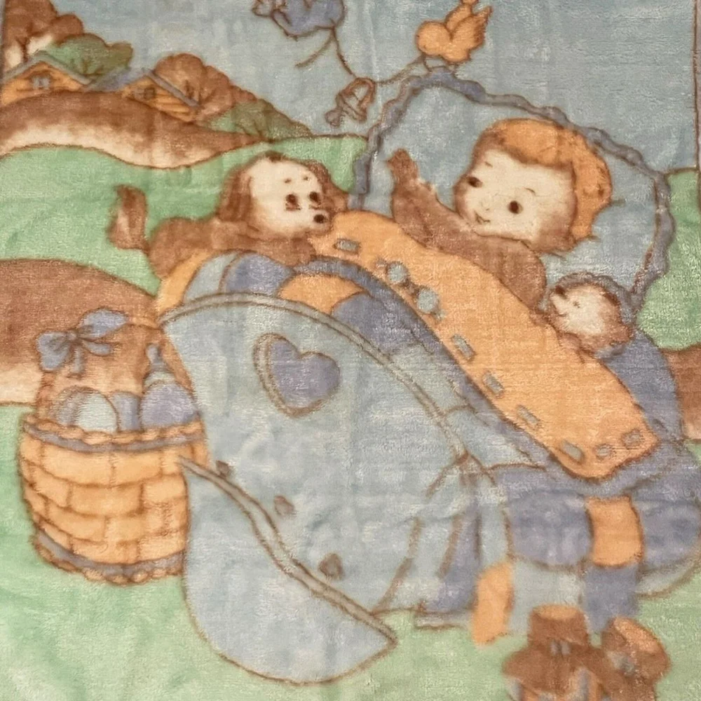 Vtg White Lamb Plush Baby Blanket Outdoor Cradle Birds Dog Silky Soft Blue Green